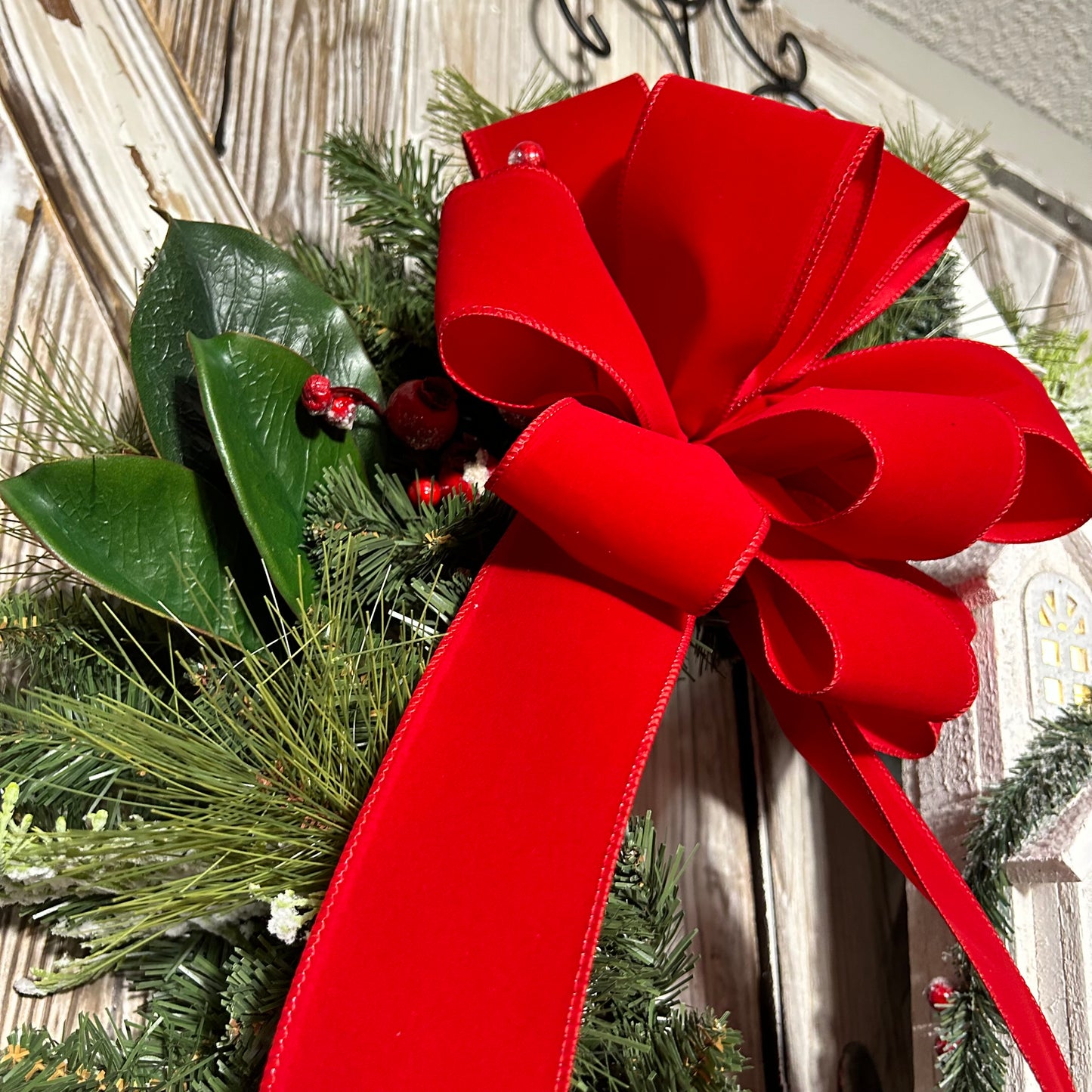 Traditional Christmas Wreath With Lighted Church