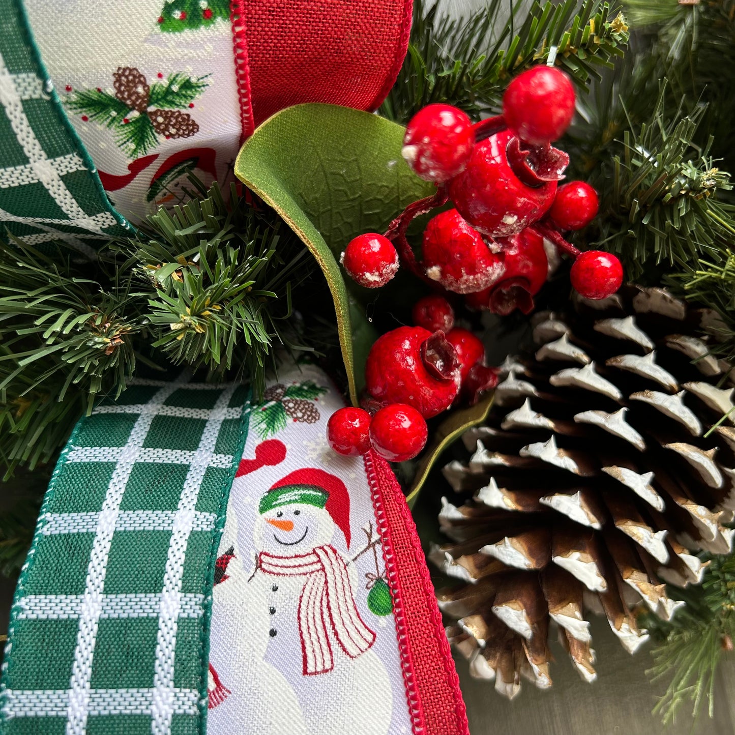 Winter Mixed Pine Wreath With Snowman Bow