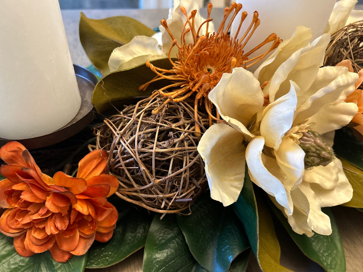 Fall Magnolia & Peach Floral Table Centerpiece