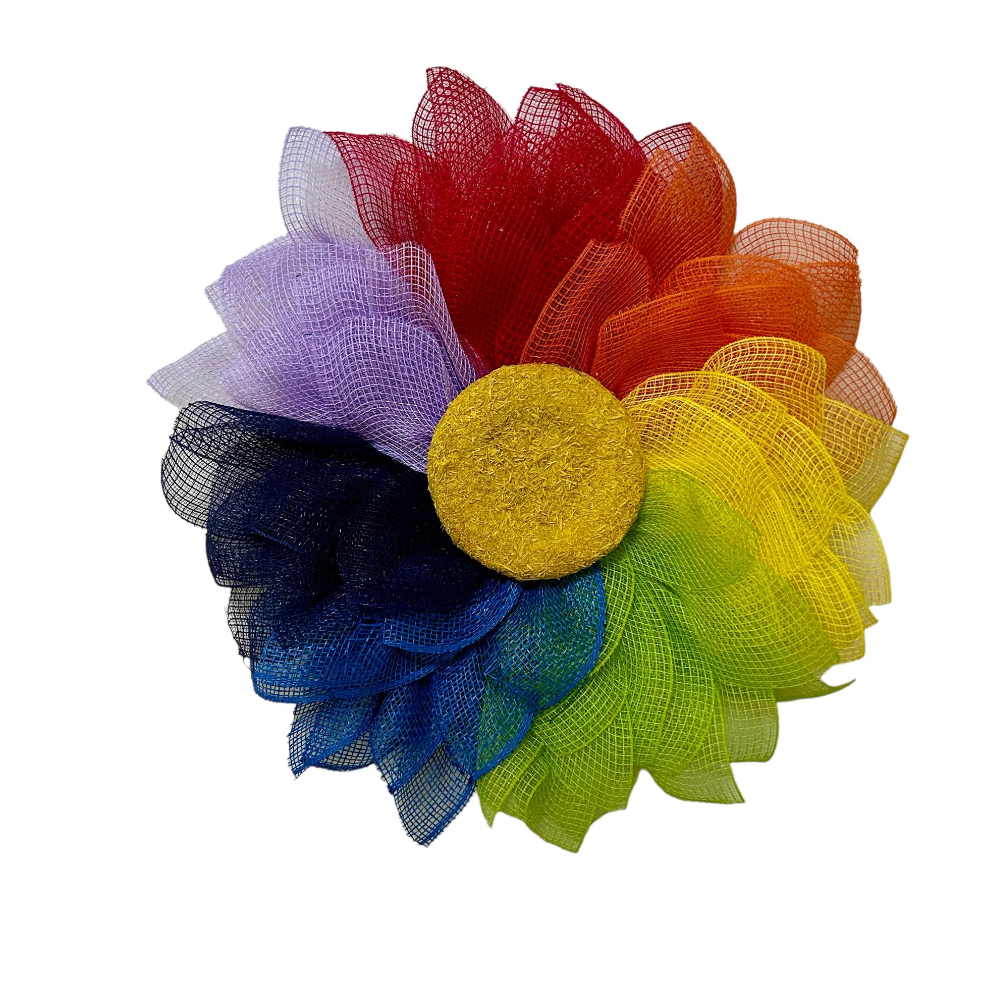 Rainbow colored flower wreath with red, orange, yellow, green, blue, indigo, violet fabric mesh as petals with a yellow flower center.