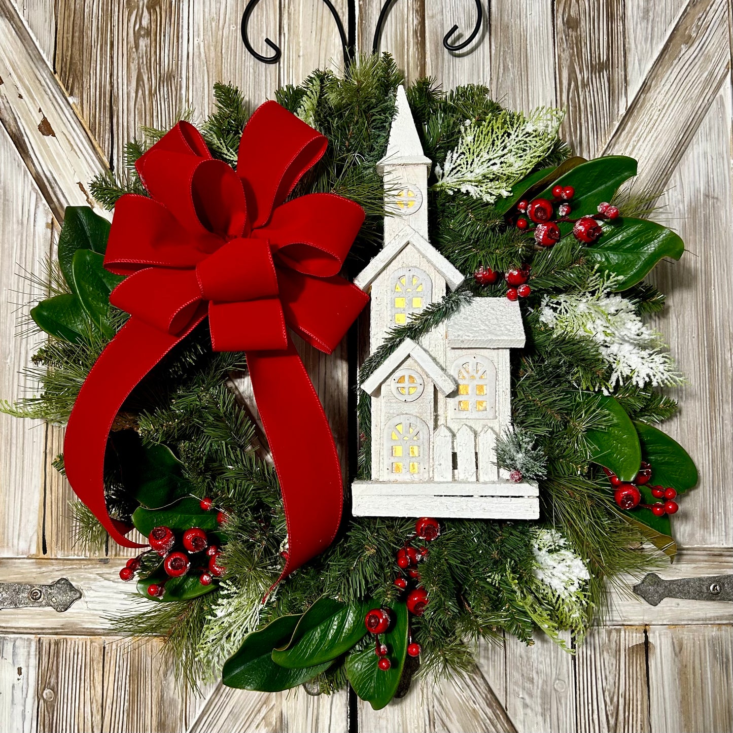 Traditional Christmas Wreath With Lighted Church