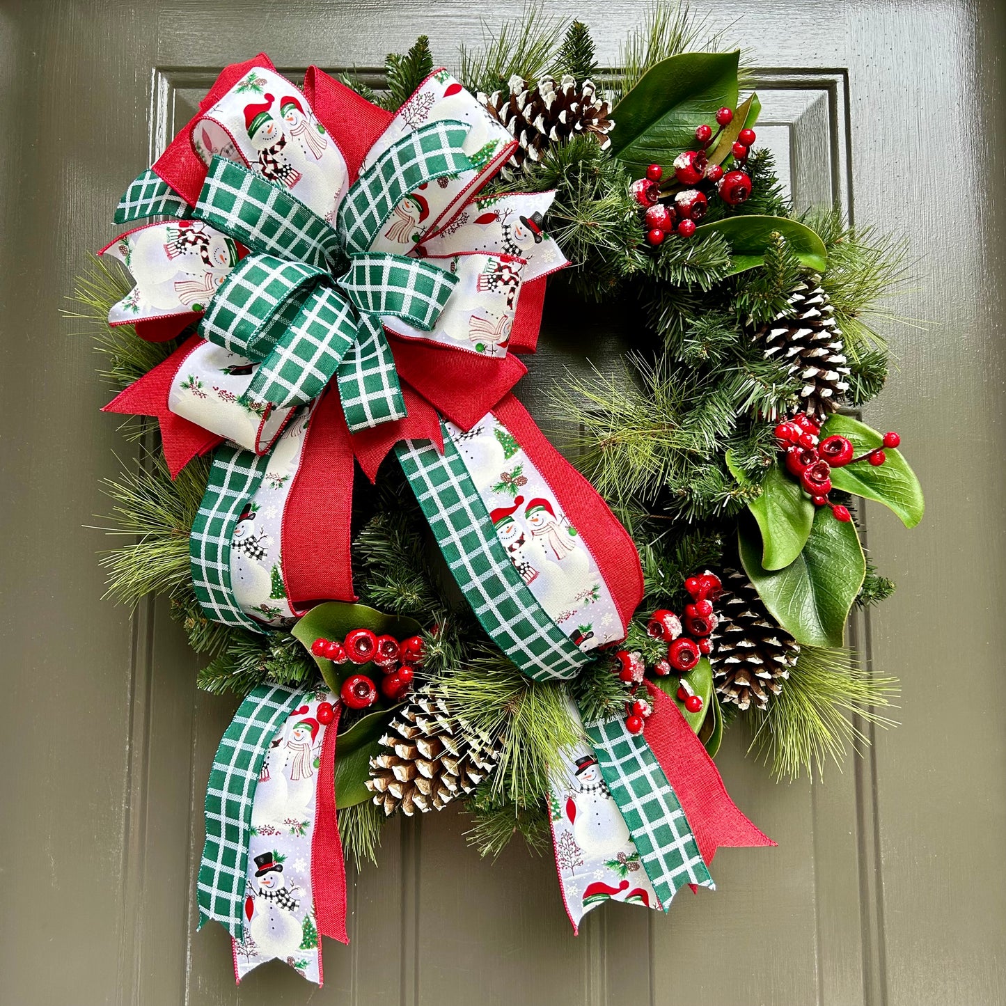 Winter Mixed Pine Wreath With Snowman Bow