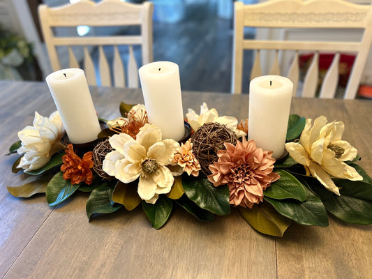 Fall Magnolia & Peach Floral Table Centerpiece