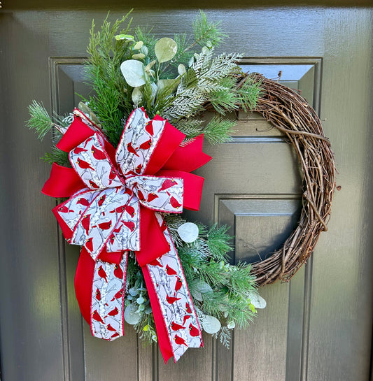 Winter Grapevine Wreath With Cardinal Bow.