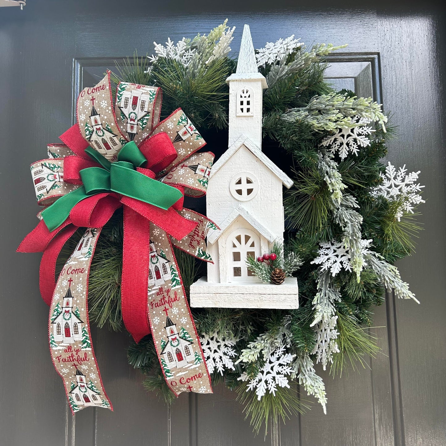 Winter Wreath With Lighted Wooden Church