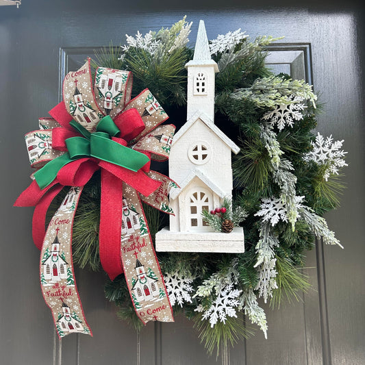 Winter Wreath With Lighted Wooden Church